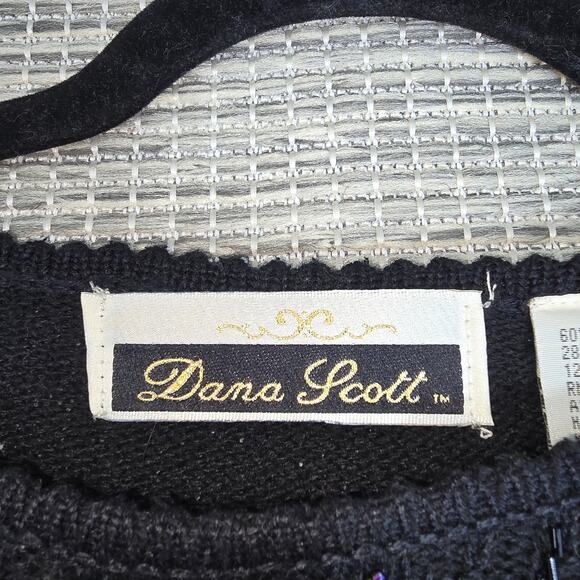 VTG Dana Scott Sweater Womens Large Black Iridescent Beaded Swirl Silk Wool Knit - Picture 5 of 11